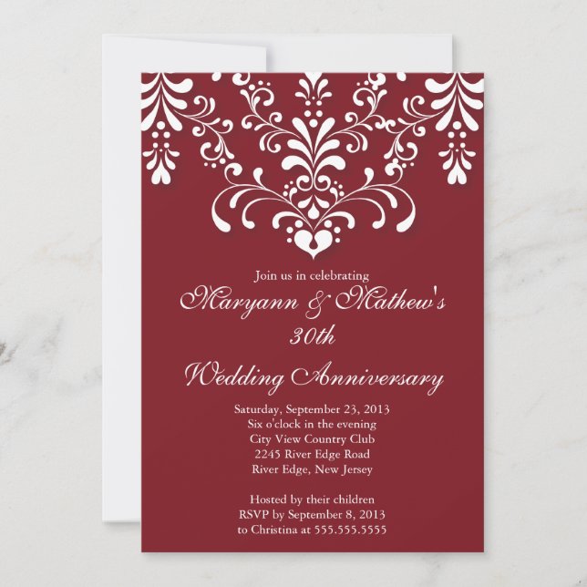 Elégant Damask Red Mariage Anniversaire Invitation (Devant)