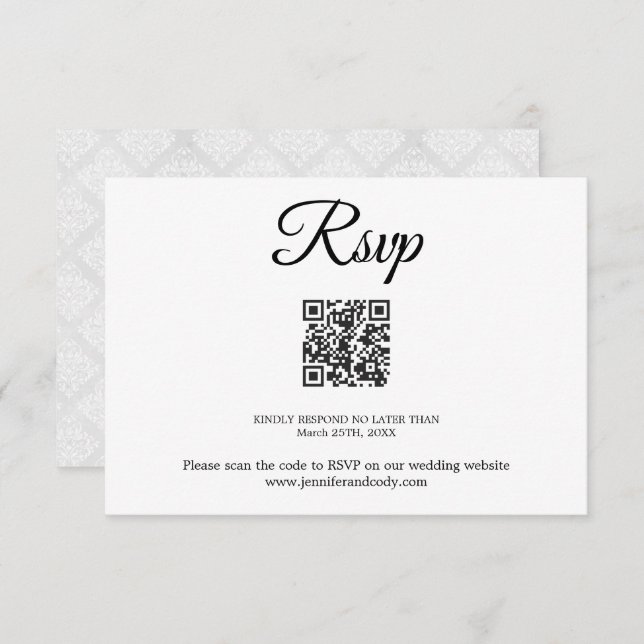 Elegant Damask RSVP QR Code Mariage Card (Devant / Derrière)