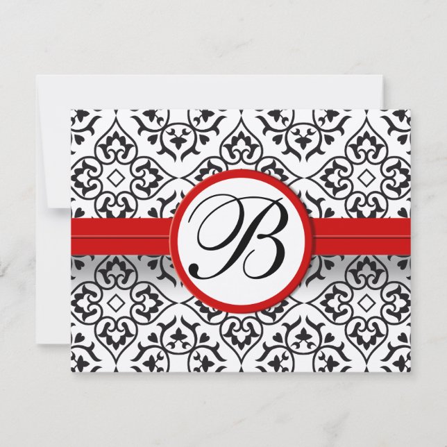 Elegant Damask Side Borders Red Trim Wedding RSVP (Devant)