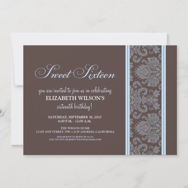 Élégant Damask Sweet 16 Anniversaire Invitation (b (Devant)
