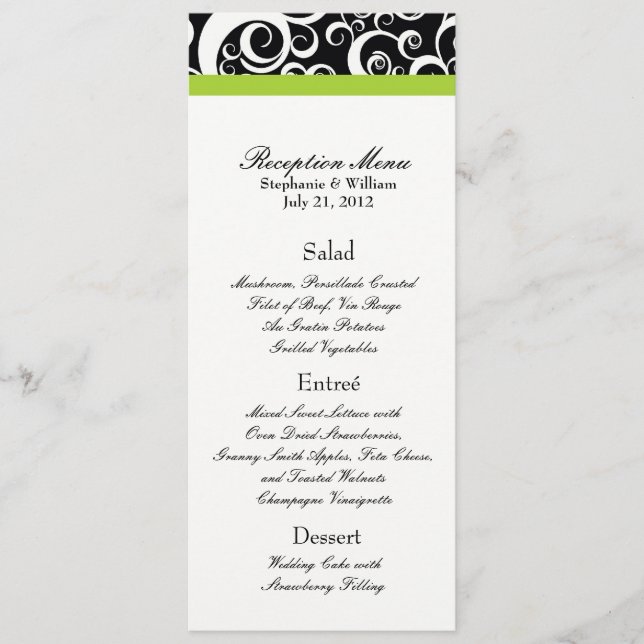 Elégant Damask Swirls Accueil Menu en Vert (Devant)
