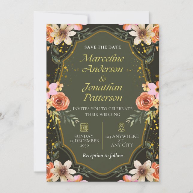 Elegant Dark Floral Wedding Invitation Card (Devant)