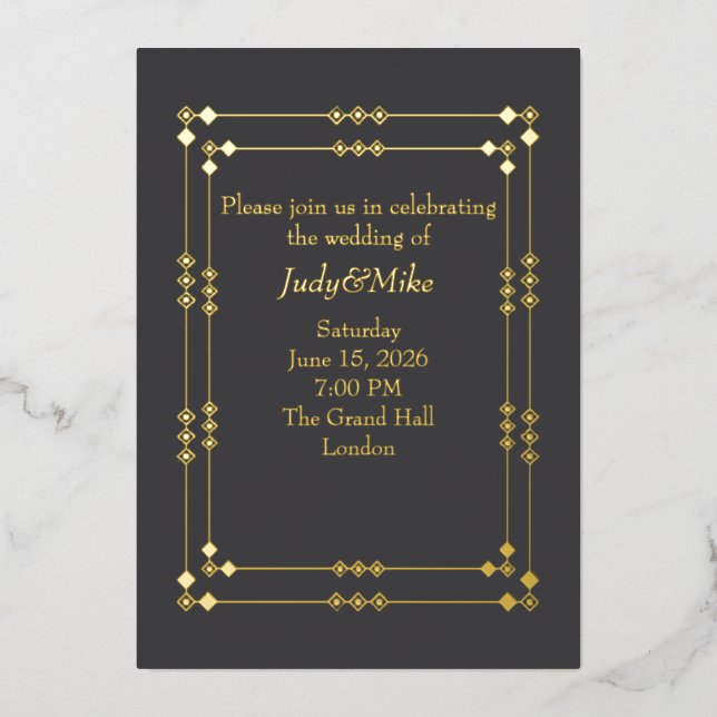 Elegant Dark Grey& Gold Art Deco Foil Invitation (Recto)