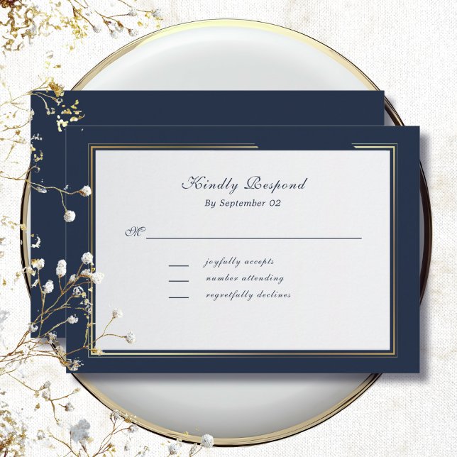 Elegant Dark Navy Gold Frame Traditional  RSVP (Créateur téléchargé)