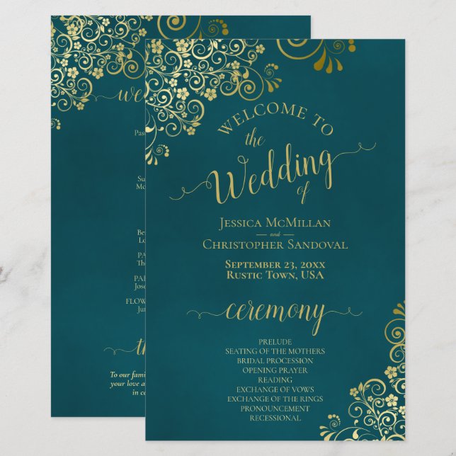 Elegant Dark Teal & Gold Budget Wedding Program (Devant / Derrière)