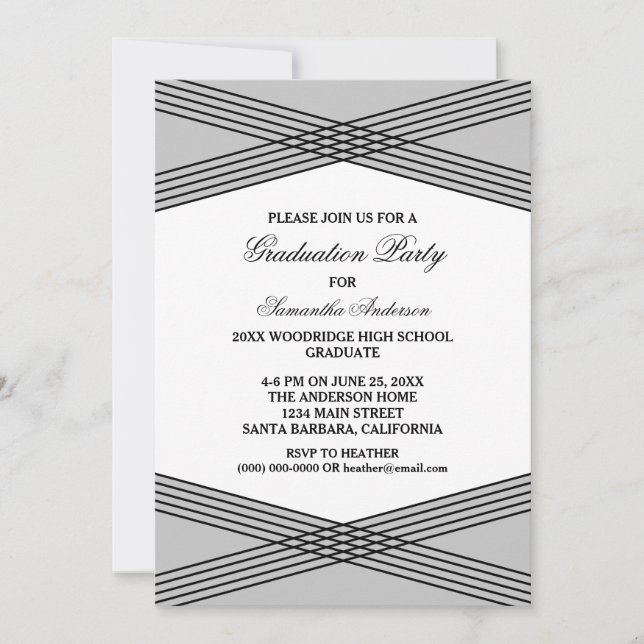 Élégant Déco Grey Invitation de la fête de graduat (Devant)