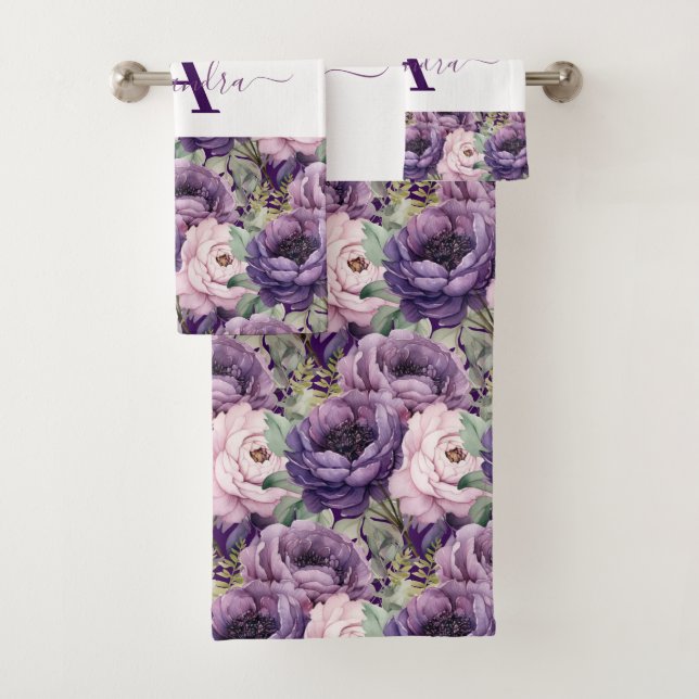 Elegant Deep Purple Floral Towel Set (En situation)