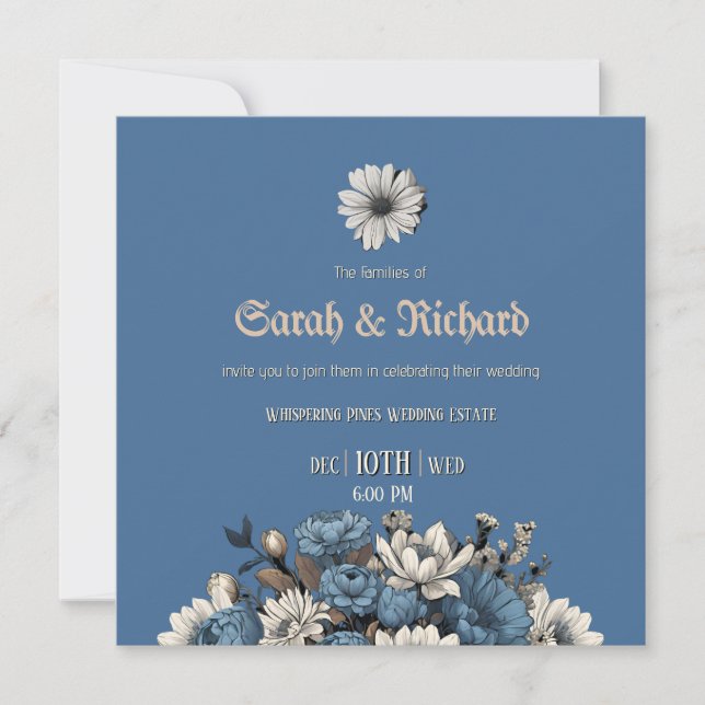 Elégant Denim & Navy Floral Wedding Invitation (Devant)
