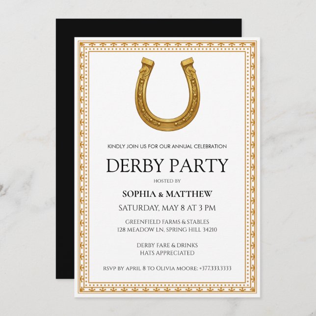 Elegant Derby Party Invitation with Gold Horseshoe (Devant / Derrière)