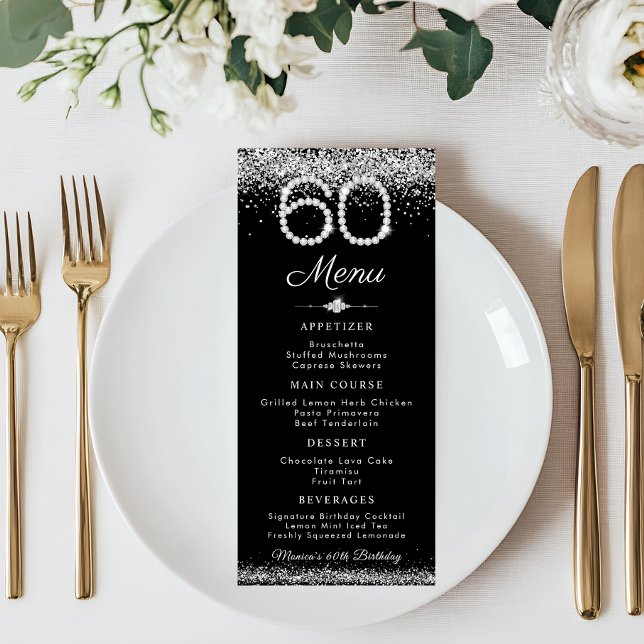 Elégant Diamonds 60e Anniversaire Dîner Menu Plat (Black and Silver Diamonds 60th birthday Menu card)