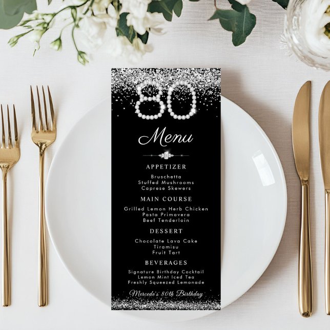 Elégant Diamonds 80e Anniversaire Dîner Menu Plat (Silver Diamonds 80th birthday Menu Card)