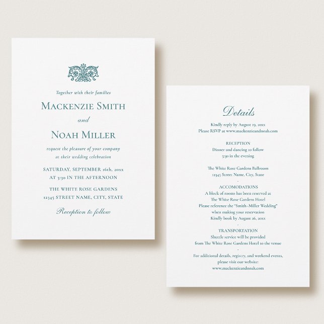 Elegant Double-sided Wedding Invitation Teal (Créateur téléchargé)