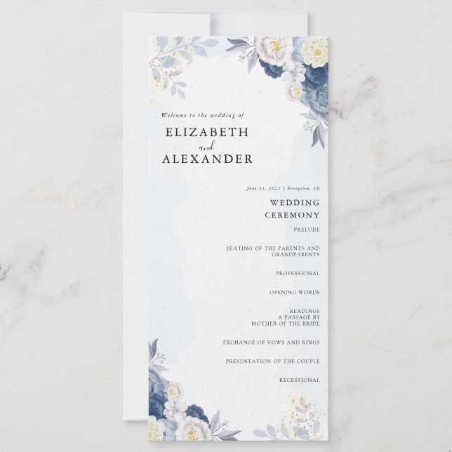 Elégant Dusty Blue et Gold Floral Wedding Programm (Devant)