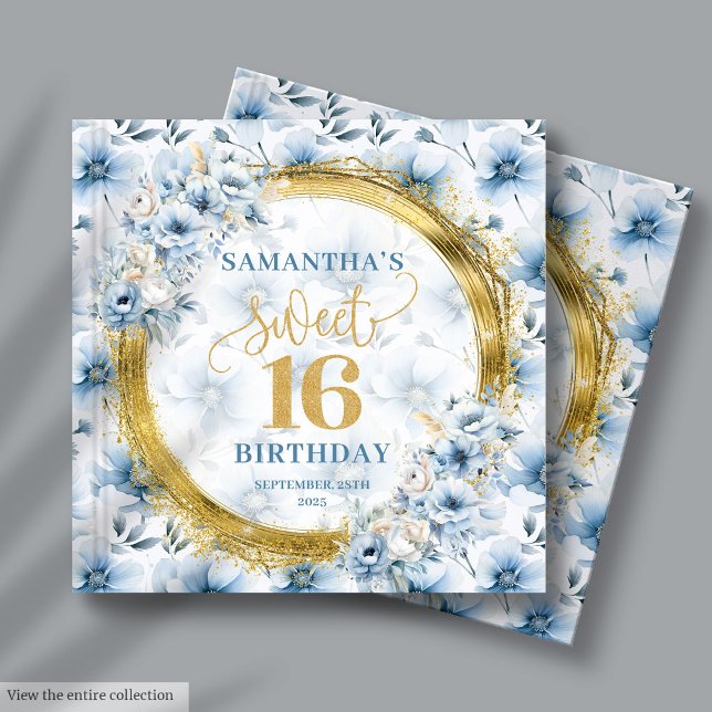 Élégant Dusty Blue Floral Gold Sweet 16 livre d'hô (Stylish Dusty Blue Floral Gold Sweet 16 Guest Book)