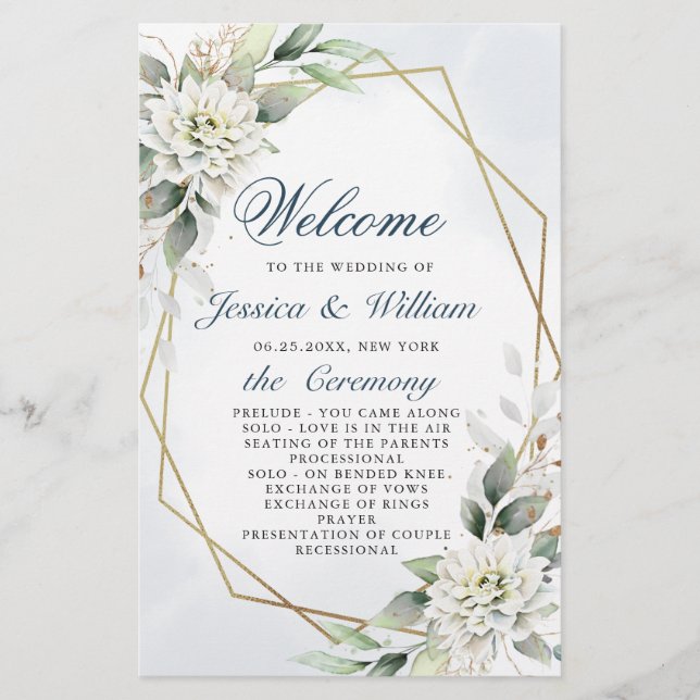 Élégant Dusty Blue Floral Mariage programme de cér (Devant)