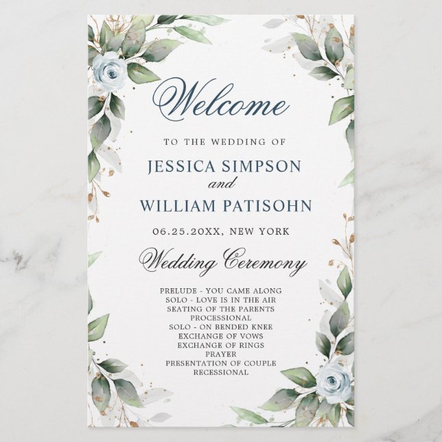 Élégant Dusty Blue Floral Mariage programme de cér (Devant)