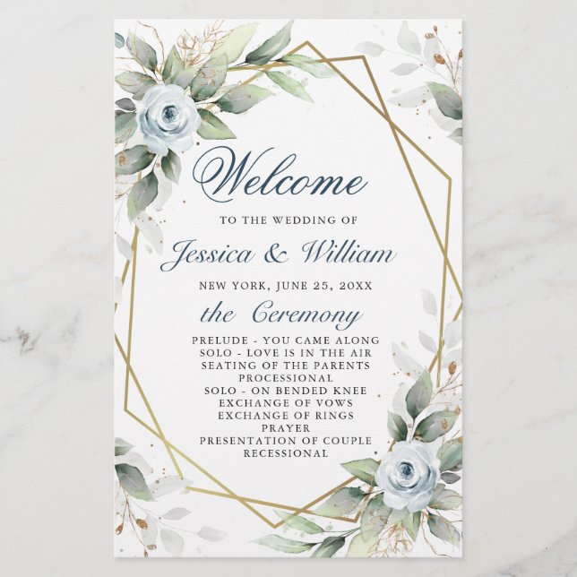 Élégant Dusty Blue Floral Mariage programme de cér (Devant)