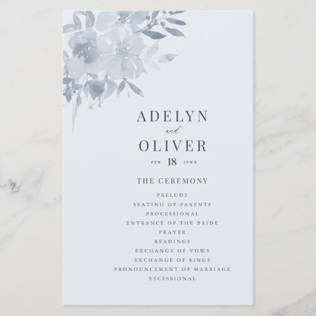 Elégant Dusty Blue Floral Wedding Programme (Devant)