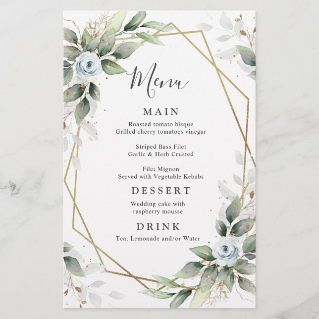Elégant Dusty Blue Greenery Menu Mariage Dîner (Devant)