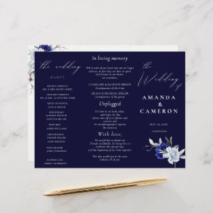 Elégant Dusty Blue Navy Floral Wedding Programme