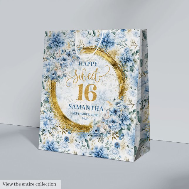 Élégant Dusty Blue Sweet 16 Sacs cadeaux Parties s (Stylish Dusty Blue Sweet 16 Gold Glitter Gift Bags)