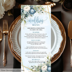 Elégant Dusty Blue White Gold Floral Mariage Menu