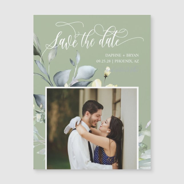 Elégant Dusty Green Feuilles Sauvez le Date Magnet (Devant)