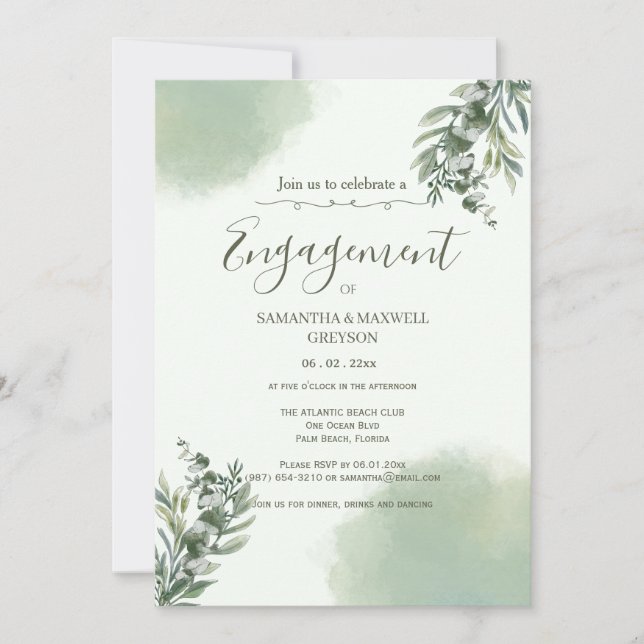 Elegant Dusty Green Script engagement Invitation (Devant)