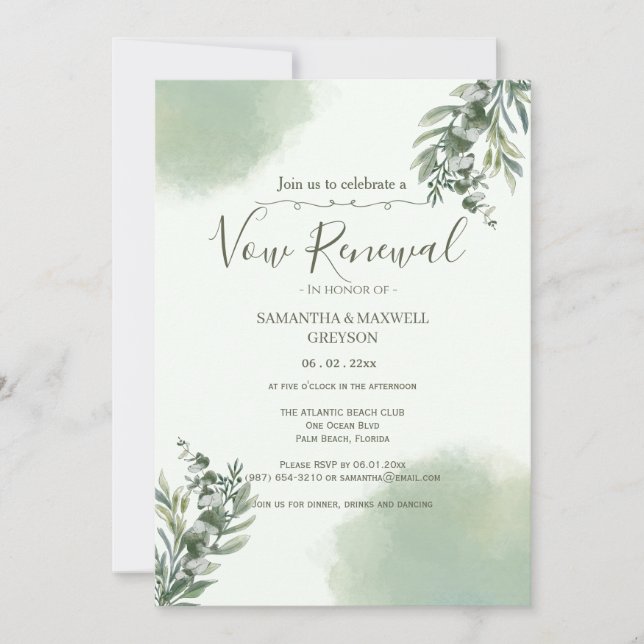 Elegant Dusty Green Script Vow Renewal Invitation (Devant)