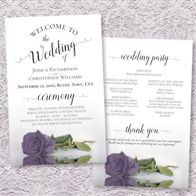 Élégant Dusty Purple Rose Programme de mariage bud (Front/Back)