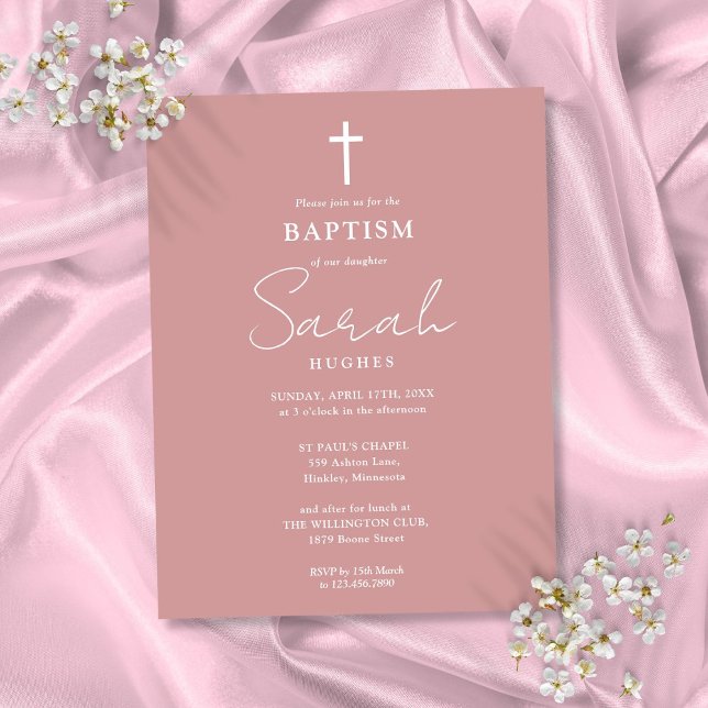 Élégant Dusty Rose Baptême Christening Invitation (Elegant Dusty Rose Baptism Christening Invitation Postcard)