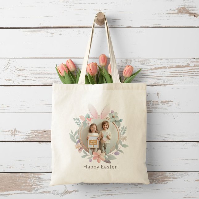 Elegant Easter Bunny Wreath Photo Tote Bag (Créateur téléchargé)
