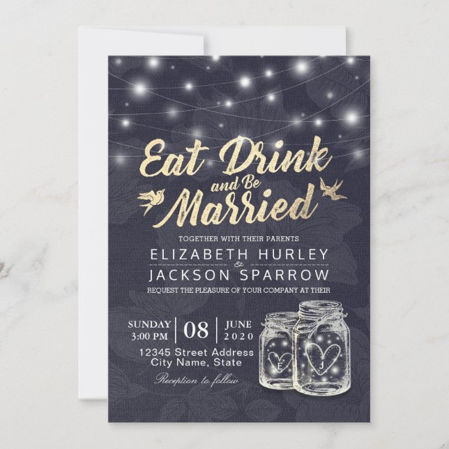 Elegant EAT Boire & Etre Marié Mariage Invitations (Devant)