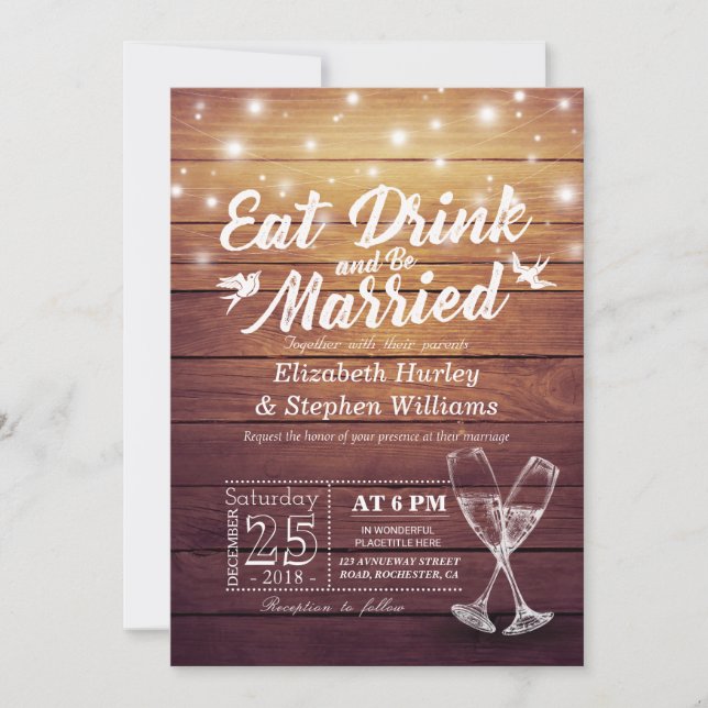 Elegant EAT Boire & Etre Marié Mariage Invitations (Devant)