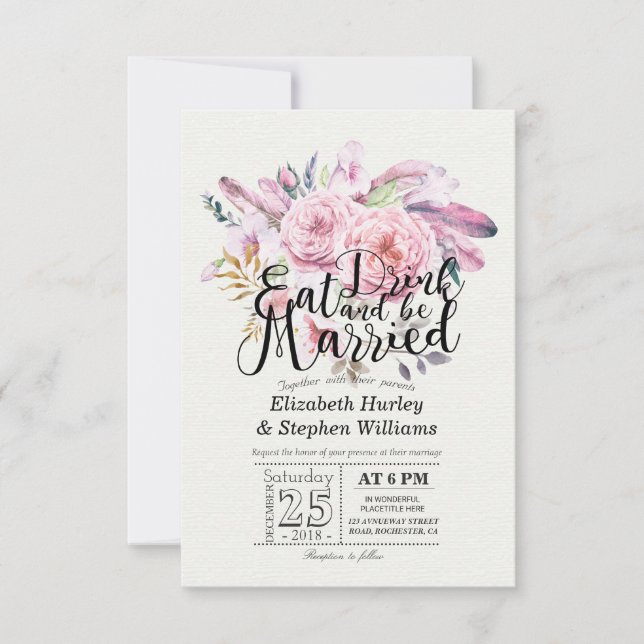 Elegant EAT Boire & Etre Marié Mariage Invitations (Devant)