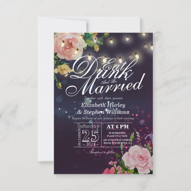 Elegant EAT Boire & Etre Marié Mariage Invitations (Devant)