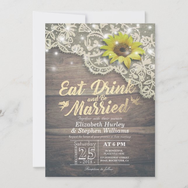 Elegant EAT Boire & Etre Marié Mariage Invitations (Devant)