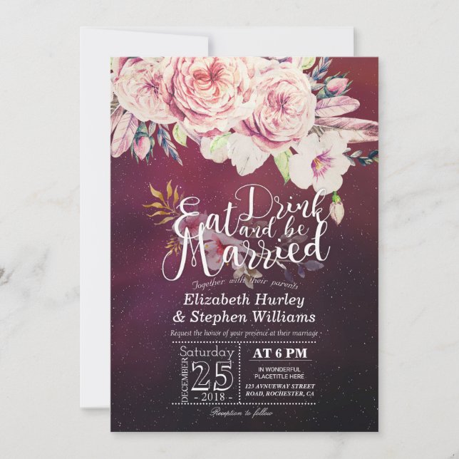 Elegant EAT Boire & Etre Marié Mariage Invitations (Devant)