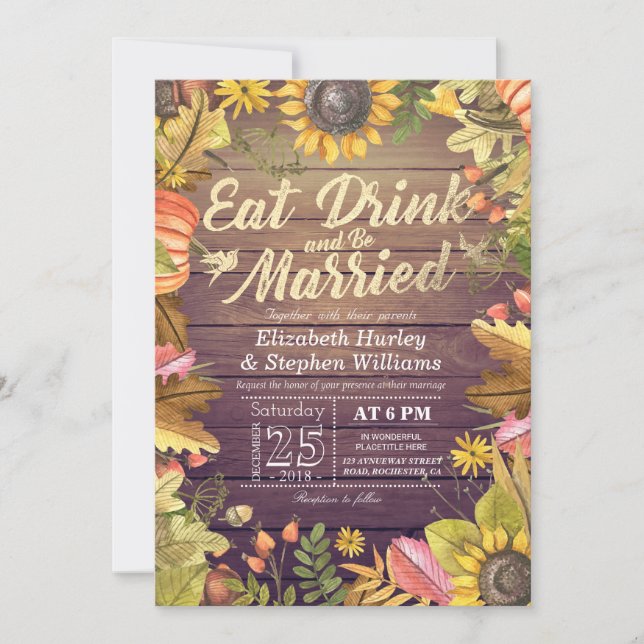Elegant EAT Boire & Etre Marié Mariage Invitations (Devant)