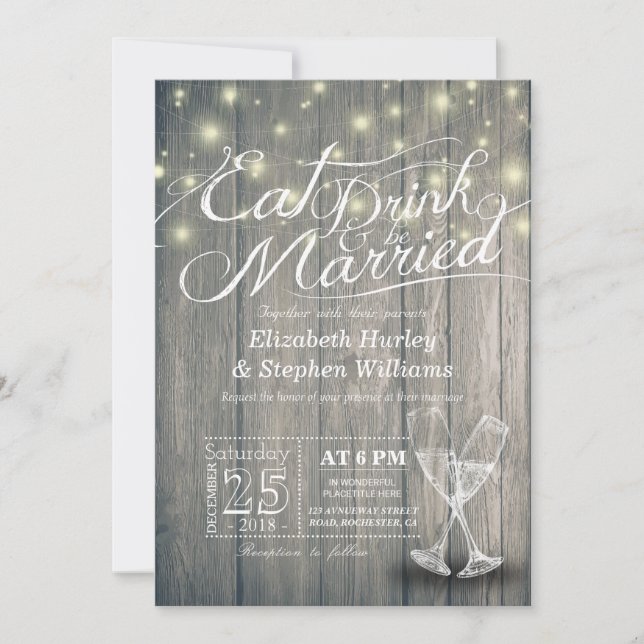Elegant EAT Boire & Etre Marié Mariage Invitations (Devant)