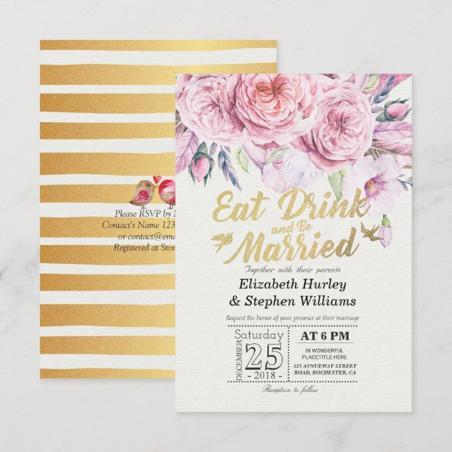 Elegant EAT Boire & Etre Marié Mariage Invitations (Devant / Derrière)