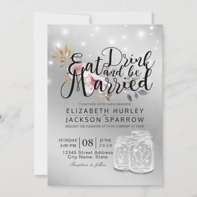 Elegant EAT Boire & Etre Marié Mariage Invitations (Devant)