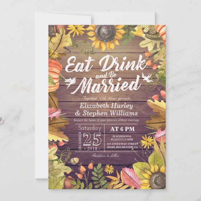 Elegant EAT Boire & Etre Marié Mariage Invitations (Devant)