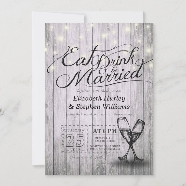 Elegant EAT Boire & Etre Marié Mariage Invitations (Devant)