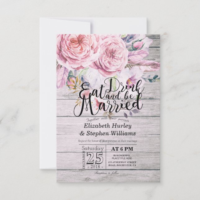 Elegant EAT Boire & Etre Marié Mariage Invitations (Devant)