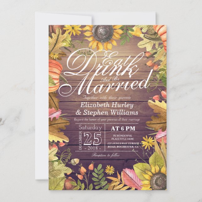 Elegant EAT Boire & Etre Marié Mariage Invitations (Devant)