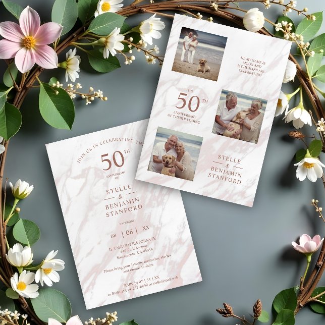Élégant effet de marbre rose Trois photos Collage (Pink Marble Three Photos All Wedding Anniversary Announcement.)