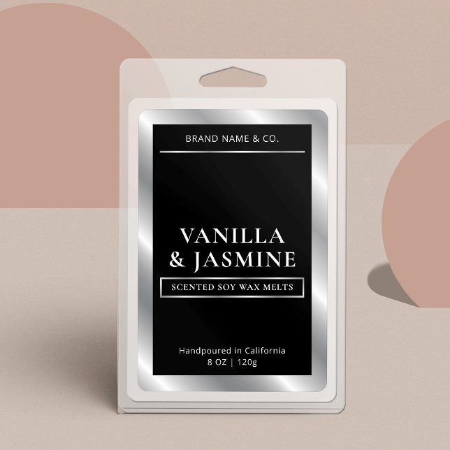 Élégant emballage noir et argent Étiquette de cire (Modern vertical product label in black and silver perfect for wax melts, candles and more)