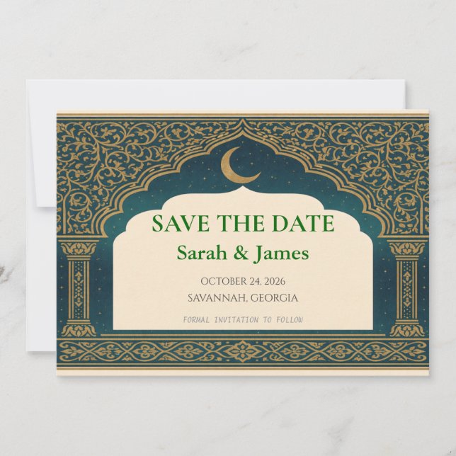 Elegant Emerald and Gold Arch Save the Date  (Devant)