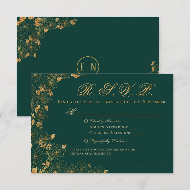 Élégant Emerald Green & Gold Floral RSVP (Devant / Derrière)